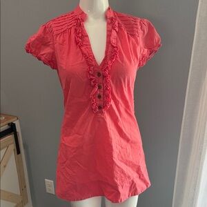 Ali & Kris 100% Cotton Pink Ruffle Sleeves and Bust Button Feminine Flowy Blouse